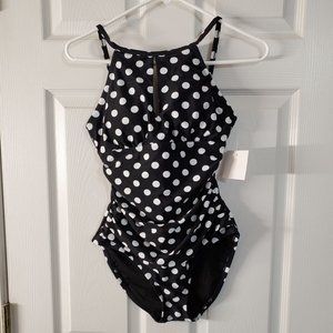Rosezuzu One Piece Swimsuit Black with White Polka Dots XS